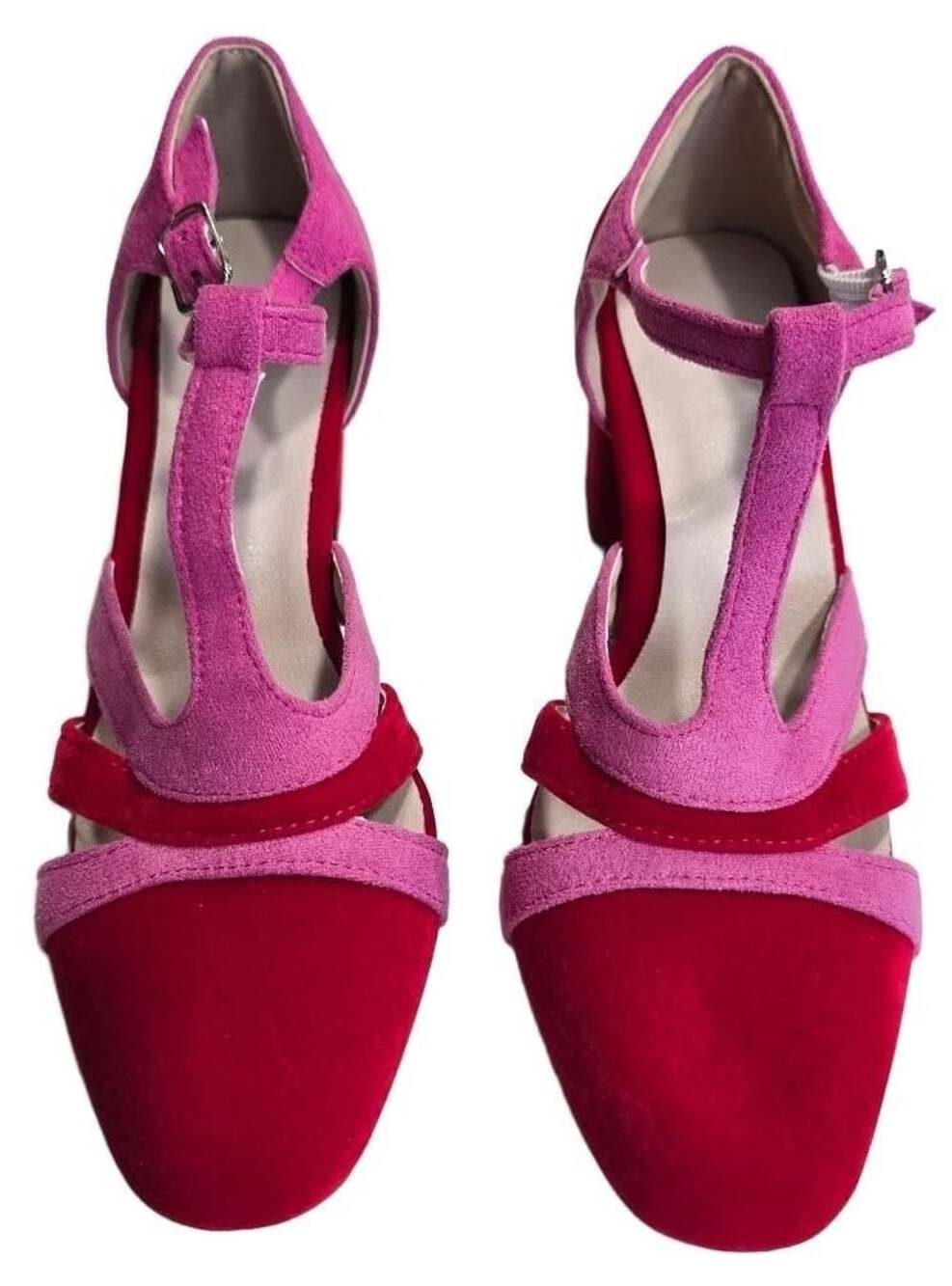 Two-Tone Pink And Red Suede T-Strap Block Heel Sandals Size 36